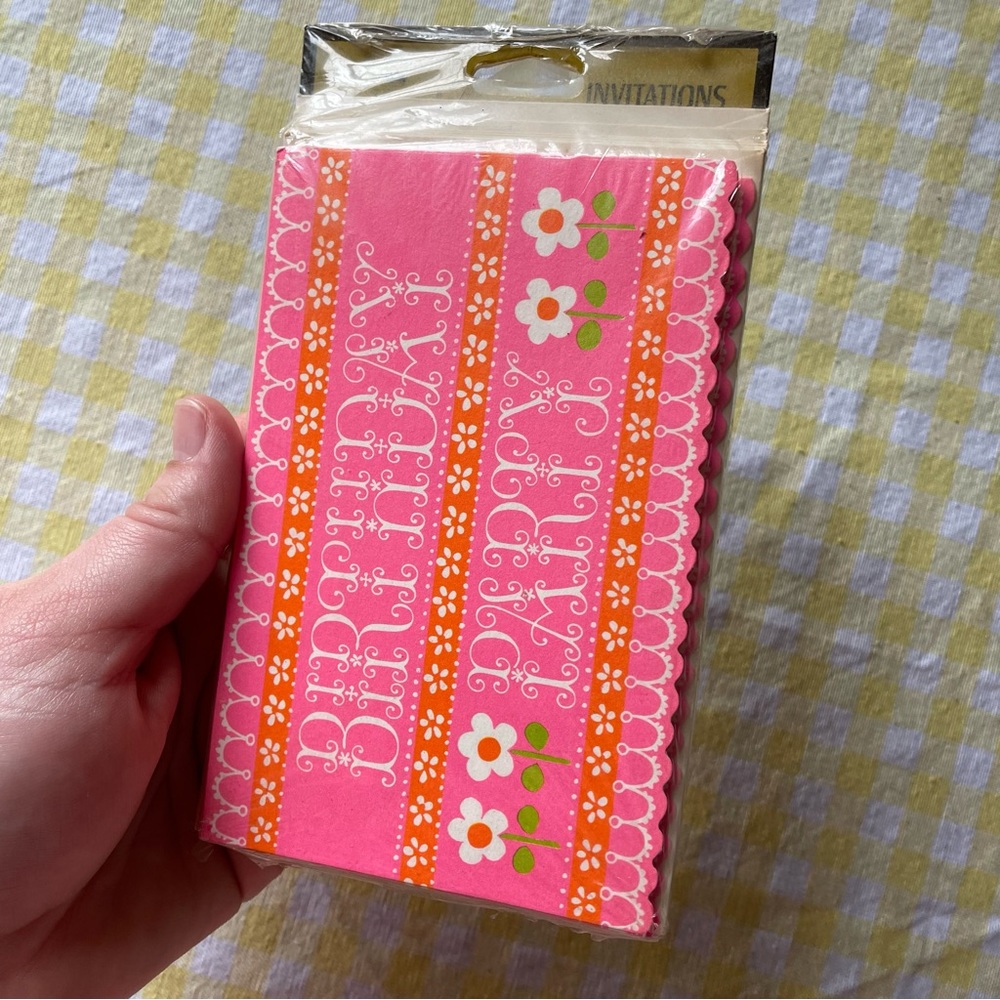 Vintage 70s Birthday Party Invitations NOS Hallmark Pink Flower Power - Picture 6 of 6